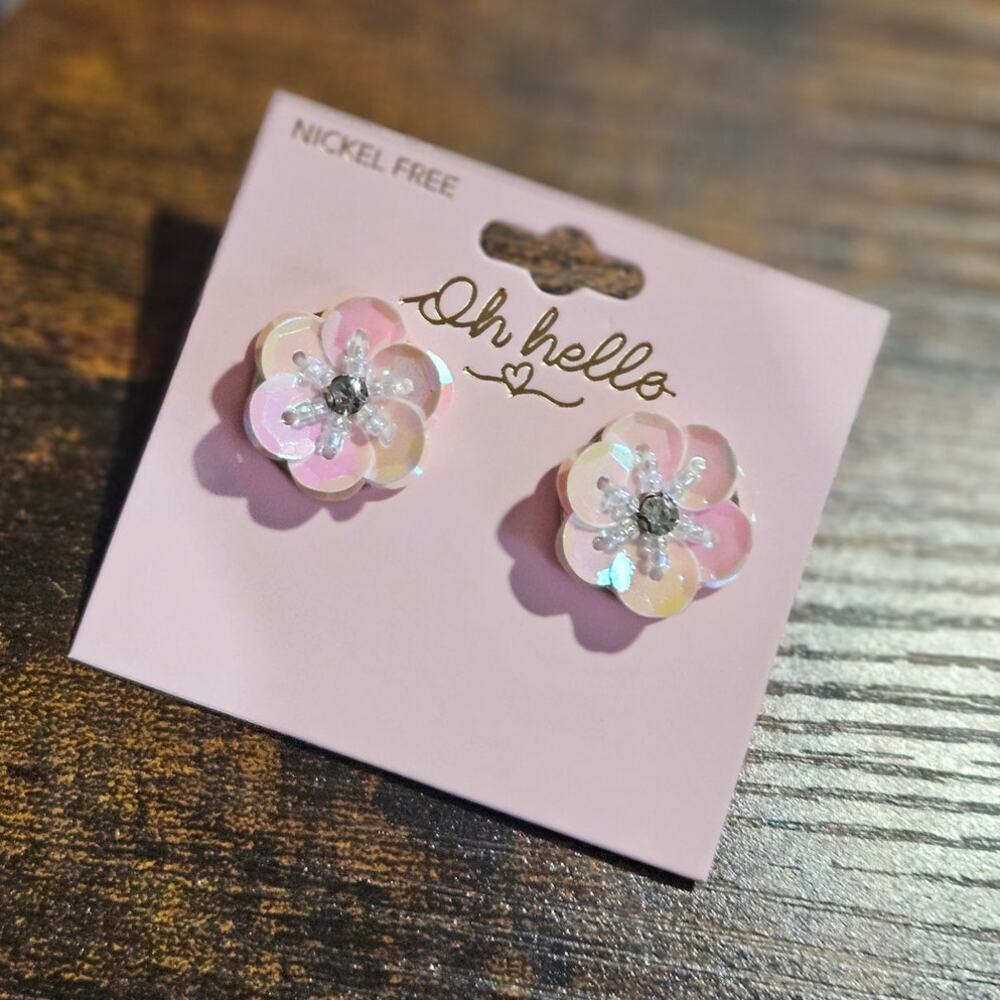 Oh Hello Pink Sequin Flower Stud Earrings Nickel Free NWT Deadstock
